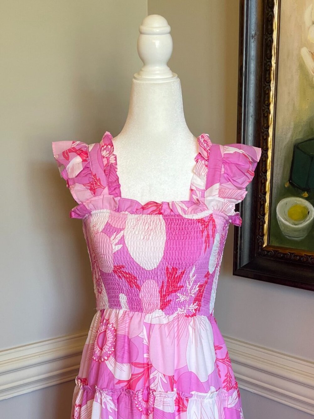 J. Marie Pink and White Floral Smocked and Tiered Midi Dress Size S - Picture 2 of 5
